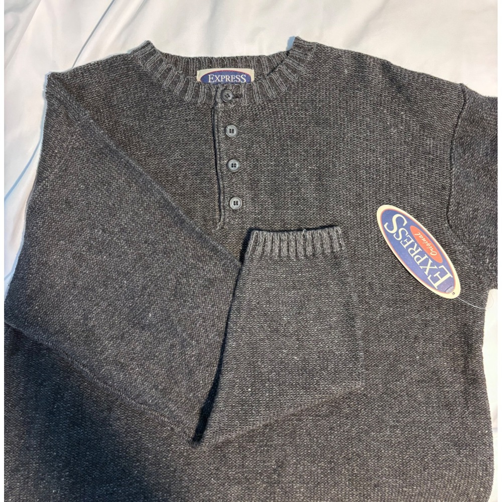 Vintage Express Mens Henley Sweater Gray Ramie Cotton Knit Long Sleeve M NWT